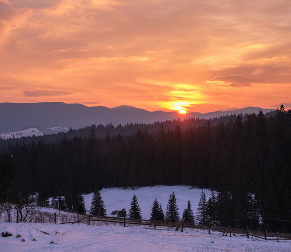 Маленькая альпийская деревня и зимние снежные горы на первом восходе солнца вокруг, Вороненко, Карпаты, Украина.