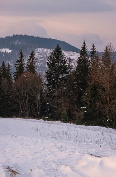 Pequena Aldeia Alpina Montanhas Nevadas Inverno Primeiro Nascer Sol Redor — Fotografia de Stock