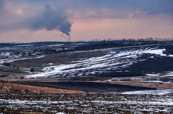 Calm Evening Sunset Ukrainian Countryside Arable Land Covered Last Snow — Stock Photo, Image
