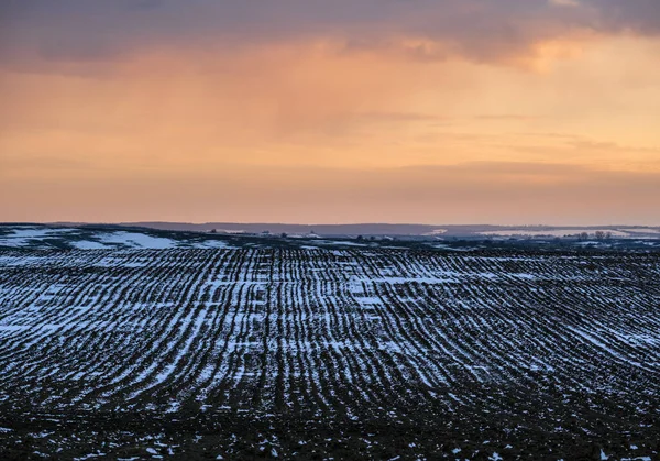 Černá Země Orná Půda Pokrytá Posledním Sněhem Časné Jaro Klidný — Stock fotografie