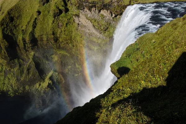 Picturesque Full Water Big Waterfall Skogafoss Autumn View Southwest Iceland — 图库照片