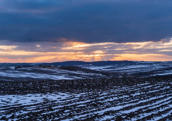 Svart Jord Åkermark Täckt Med Sista Snön Tidig Vår Lugn — Stockfoto