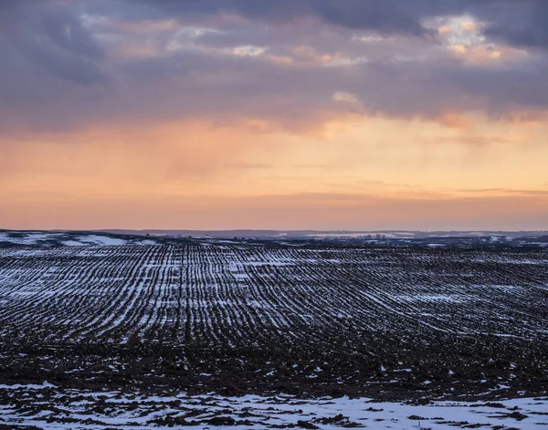 ブラックアース 耕地は 最後の雪で 早春に覆われる ウクライナの田舎 リヴィウ地方で穏やかな夜の夕日 — ストック写真