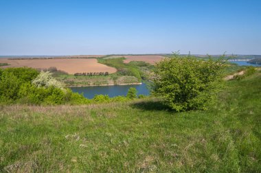 Dnister Nehri Kanyonu 'nun muhteşem bahar manzarası. Resimli kayalar, tarlalar, çiçekler. Shyshkovi Gorby, Nahoriany, Chernivtsi bölgesi, Ukrayna.