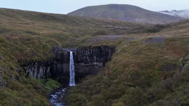 Resimli Şelale Svartifoss (İzlandaca siyah şelale, koyu lav bazalt sütunlarıyla çevrili) sonbahar manzarası, Skaftafell Ulusal Parkı, İzlanda. İnsanlar tanınmaz halde..