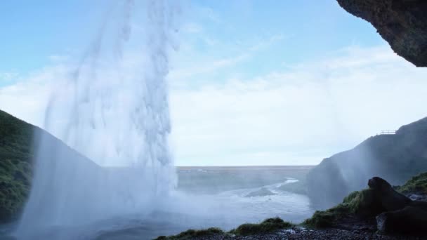 Pintoresca Cascada Seljalandsfoss Vista Otoño Suroeste Islandia Gente Irreconocible Algunos — Vídeo de stock