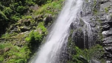 Yaz Yalyn Şelalesi, Ukrayna Karpatlar 'daki en yüksek şelale, Marmaros. Su akıntılarında ve su tozunda güzel gökkuşağı. Dikey pansiyon videosu, bazı düzensiz hareketler ve titremeler.