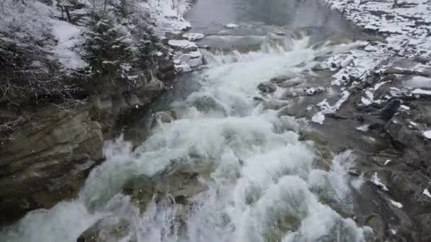 Schneefall Über Dem Wasserfall Probiy Fluss Prut Den Ukrainischen Karpaten — Stockvideo