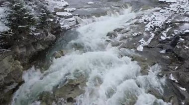 Ukrayna Karpatları 'ndaki Prut nehrinde şelale Probiy üzerinde kar yağışı. Ukrayna 'nın ünlü Yaremche tatil beldesinin göbeğinde yer alıyor. Vahşi Dağ Nehri Taş kayalar ve taş akıntılarıyla akıyor..