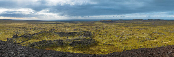 Spectacular volcanic view from Saxholl volcano Crater, Snaefellsnes peninsula, Snaefellsjokull National Park, West Iceland.