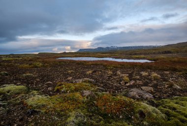 View during auto trip in West Iceland highlands, Snaefellsnes peninsula, Snaefellsjokull National Park. Spectacular volcanic tundra landscape with mountains, craters, lakes, gravel roads.