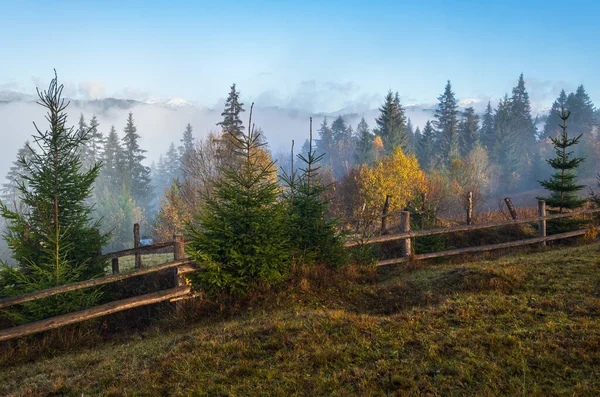 Bewölkt Und Neblig Morgen Spätherbstliche Bergkulisse Friedliche Malerische Reisen Saisonale — Stockfoto