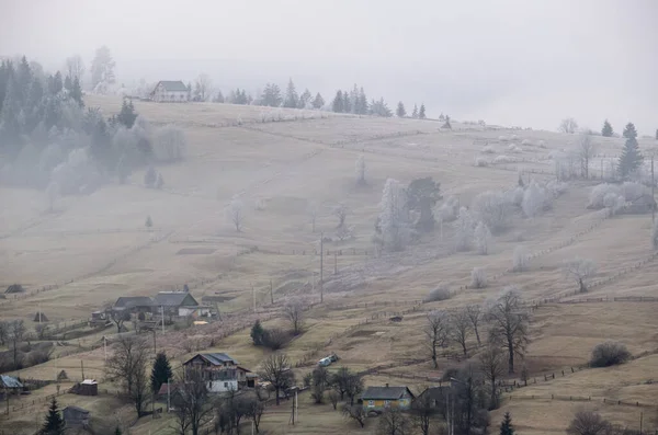 Der Winter Kommt Bewölkt Und Neblig Morgen Sehr Spätherbstliche Bergkulisse — Stockfoto