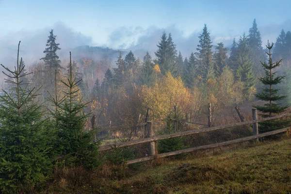 Bewölkt Und Neblig Morgen Spätherbstliche Bergkulisse Friedliche Malerische Reisen Saisonale — Stockfoto