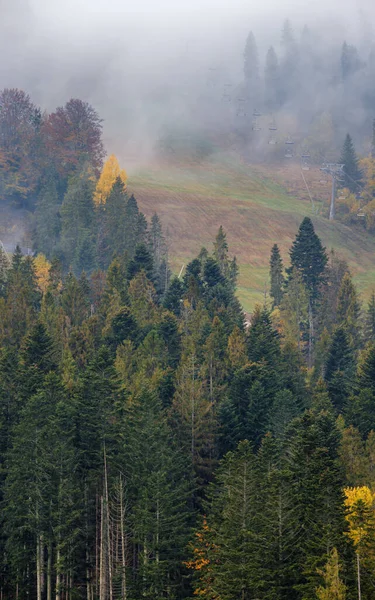 曇り空と霧の秋の山のシーン 穏やかな絵の旅 自然と田舎の美しさのコンセプトシーン — ストック写真
