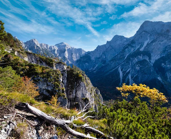 Slunečné Idylické Barevné Podzimní Alpské Scény Klidný Skalnatý Výhled Turistické — Stock fotografie