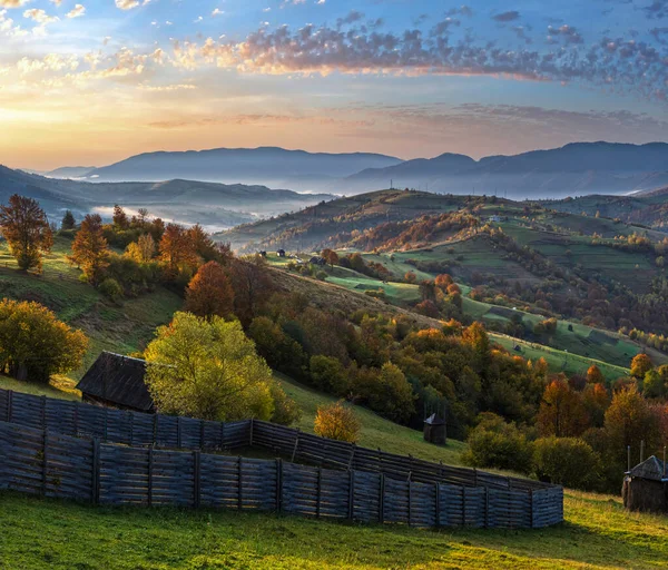 Foggy Cedo Manhã Outono Montanhas Cena Viagem Pitoresca Pacífica Sazonal — Fotografia de Stock