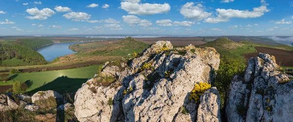 Prachtig Voorjaarsuitzicht Dnister River Canyon Met Pittoreske Rotsen Velden Bloemen — Stockfoto