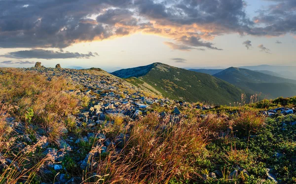 Sommar Soluppgång Karpaterna Bergstopp Utsikt Från Steniga Toppen Ihrovets Mount — Stockfoto