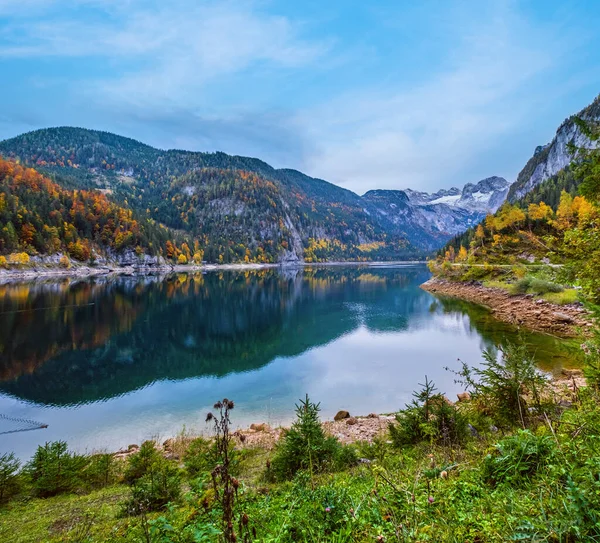 上奥地利Gosauseen或Vorderer Gosausee湖 五彩缤纷的秋天高山湖景 清澈清澈的湖水和倒影 达什坦峰和远远的冰川 — 图库照片