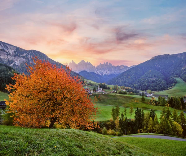 Otoño Amanecer Santa Magdalena Famosa Italia Dolomitas Pueblo Vista Frente —  Fotos de Stock