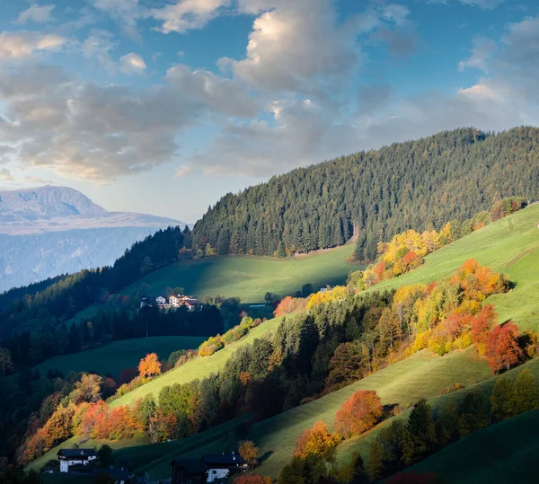 Lever Soleil Automne Santa Magdalena Célèbre Italie Dolomites Village Montagne — Photo