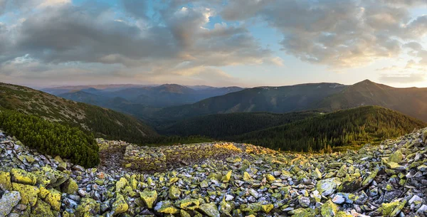 Letni Wieczór Karpaty Góry Kamienne Stoku Panoramiczny Widok Ostatnim Słońcu — Zdjęcie stockowe