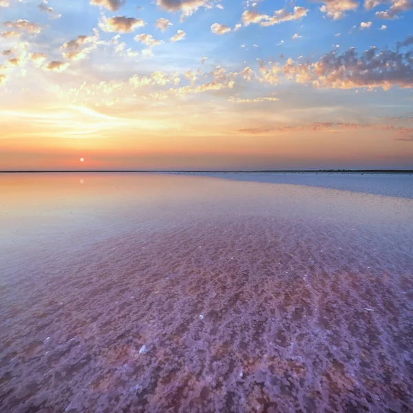 Puesta Sol Lago Extremadamente Salado Rosado Genichesk Coloreado Por Microalgas —  Fotos de Stock