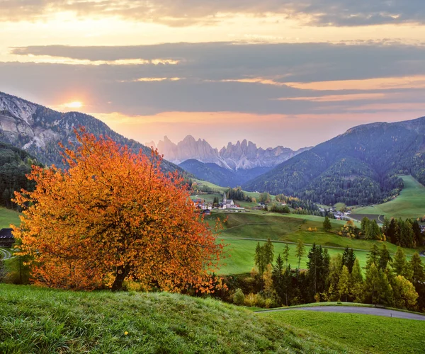 Осенний Рассвет Санта Магдалена Знаменитая Италия Доломиты Деревня Вид Перед — стоковое фото