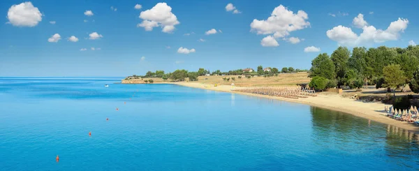 Pemandangan Puncak Musim Panas Pantai Kastri Berpasir Pagi Nikiti Sithonia — Stok Foto