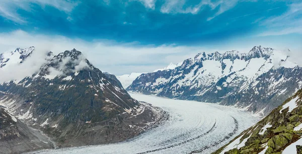 Great Aletsch Glacier Ice Fall Summer Cloudy Panorama Bettmerhorn Switzerland — Stock Photo, Image