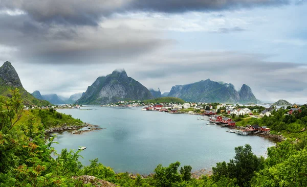 Рибальські Села Рен Прибуття Норвегія Літній Дощ Панорама — стокове фото