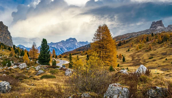 Overcast Morning Autumn Alpine Dolomites Mountain Scene Peaceful View Valparola — Stock Photo, Image