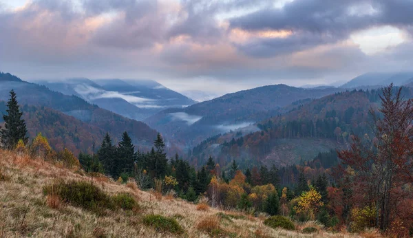 Bulutlu Sisli Sabah Erken Saatlerde Sonbahar Dağları Manzarası Huzurlu Bir — Stok fotoğraf