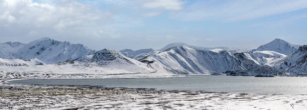 Season Changing Southern Highlands Iceland Colorful Landmannalaugar Mountains Snow Cover — Stock Photo, Image
