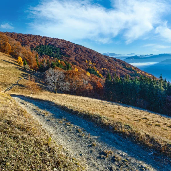 Landelijke Weg Herfst Berg Kleurrijke Bos Helling Tussen Toppen Wolken — Stockfoto