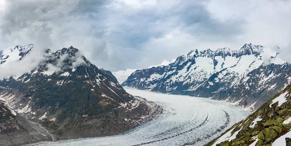 Great Aletsch Glacier Ice Fall Summer Cloudy Panorama Bettmerhorn Switzerland — Stock Photo, Image