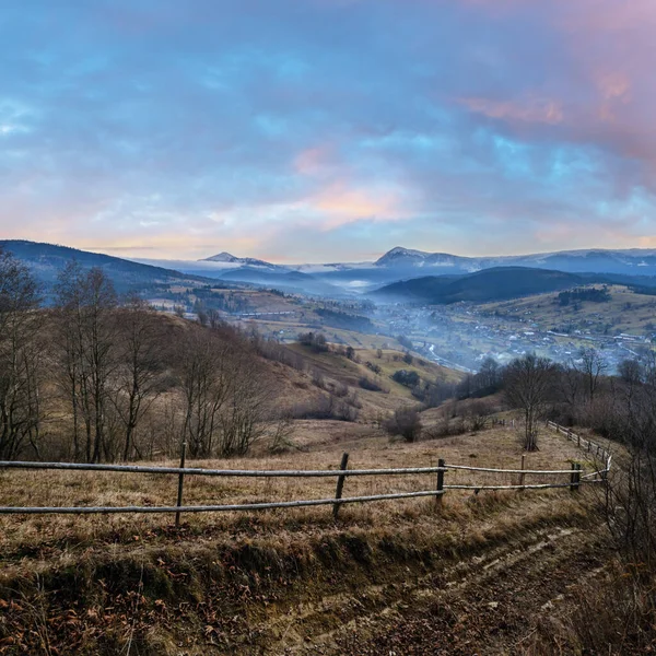 Picturesque Pre Sunrise Morning Late Autumn Mountain Countryside Ukraine Carpathian — Stock Photo, Image