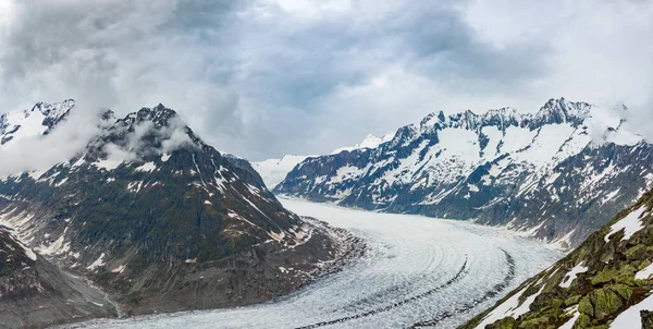 Great Aletsch Glacier Ice Fall Summer Cloudy Panorama Bettmerhorn Switzerland Stock Picture