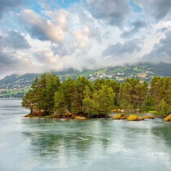 Sommer Bewölkte Fjordlandschaft Mit Tannenwald Steinigen Ufer Norwegen — Stockfoto