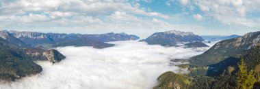 Autumn Alps mountain misty morning view from Jenner Viewing Platform, Schonau am Konigssee, Berchtesgaden national park, Bavaria, Germany. Picturesque traveling, seasonal and nature beauty scene.