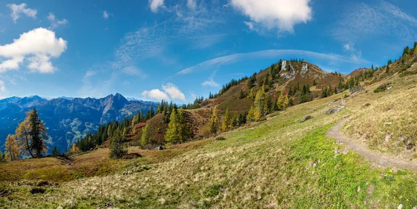 Słoneczna Idylliczna Jesienna Scena Alpejska Peaceful Alps Widok Góry Szlaku — Zdjęcie stockowe