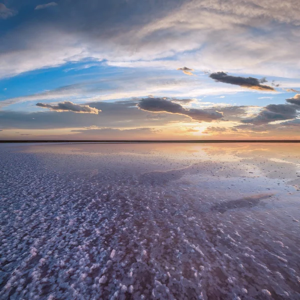 Puesta Sol Lago Extremadamente Salado Rosado Genichesk Coloreado Por Microalgas —  Fotos de Stock