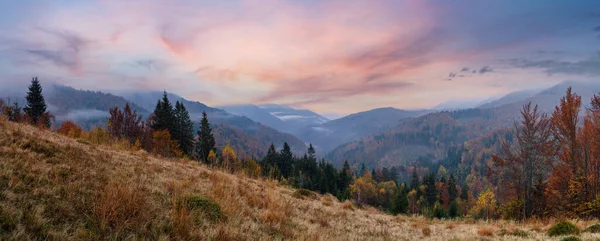 Bewölkt Und Neblig Frühmorgendliche Herbstbergszene Friedliche Malerische Reisen Saisonale Natur — Stockfoto