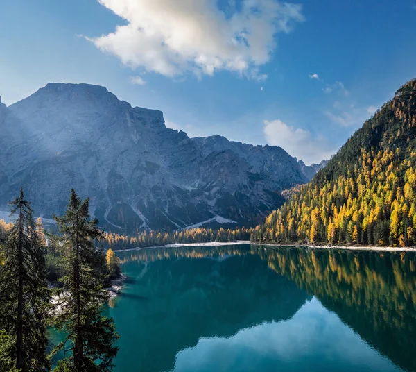 Φθινόπωρο Ειρηνική Αλπική Λίμνη Braies Pragser Wildsee Εθνικό Πάρκο Fanes Εικόνα Αρχείου