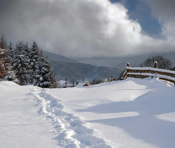 Campo Colinas Arboledas Tierras Cultivo Invierno Remoto Pueblo Montaña Alpina —  Fotos de Stock