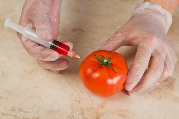 Injecting a gmo tomato — Stock Photo, Image