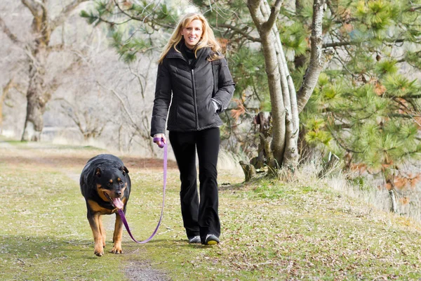 Woman walking the dog — Stock Photo, Image