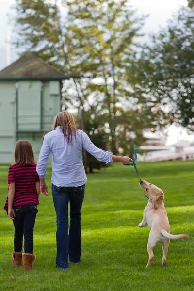 Mom And daughter walking the dog — Stock Photo, Image