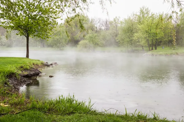 Весенний туман над озером — стоковое фото